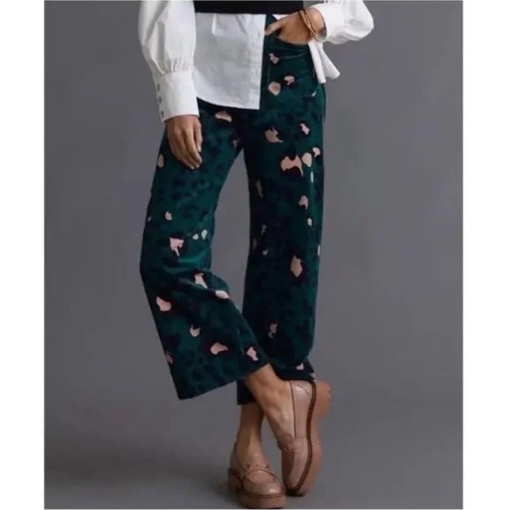 Anthro Maeve The Colette Wide Leg Cropped Corduroys - Leopard Print Green